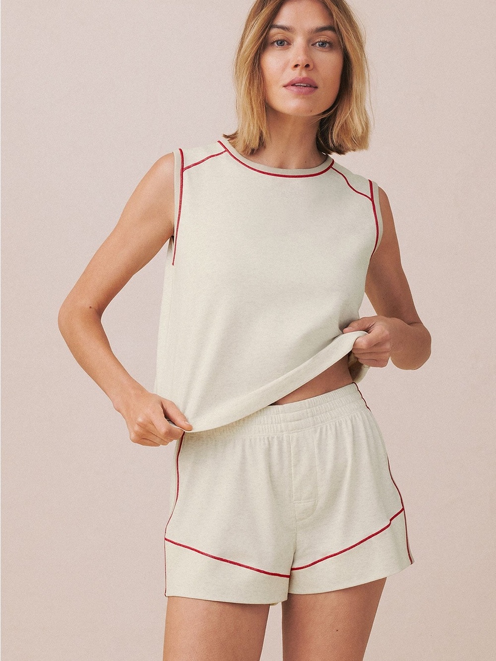 Cream Tank and Shorts Sleep Set with Red Piping